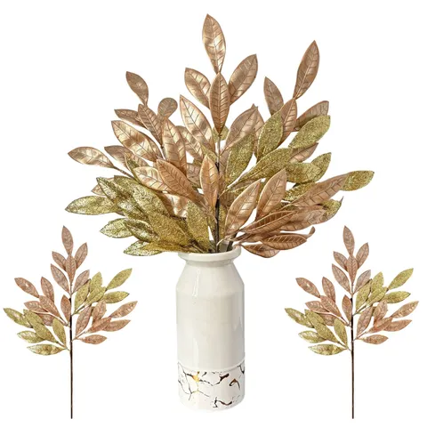Artificial Christmas Glitter Leaves 5-Prong Gold Rose Gold Fake Plant Branches For Xmas Tree Home Party Holiday Decoration