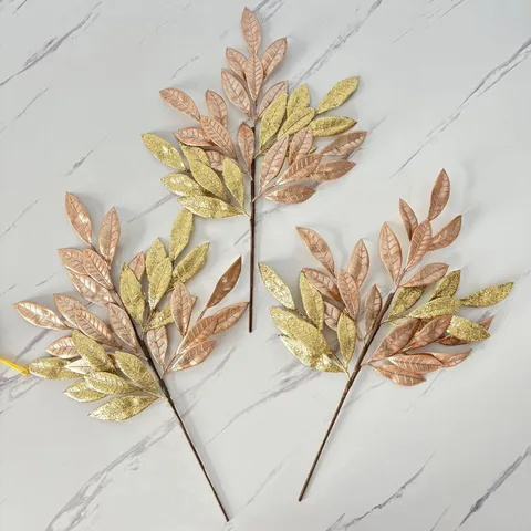 Artificial Christmas Glitter Leaves 5-Prong Gold Rose Gold Fake Plant Branches For Xmas Tree Home Party Holiday Decoration