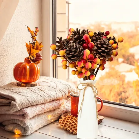 Artificial Pinecone And Berry Bundle Harvest Festival Decor Handmade Satin Dried Flower Bouquet For Thanksgiving Party Home Arrangement