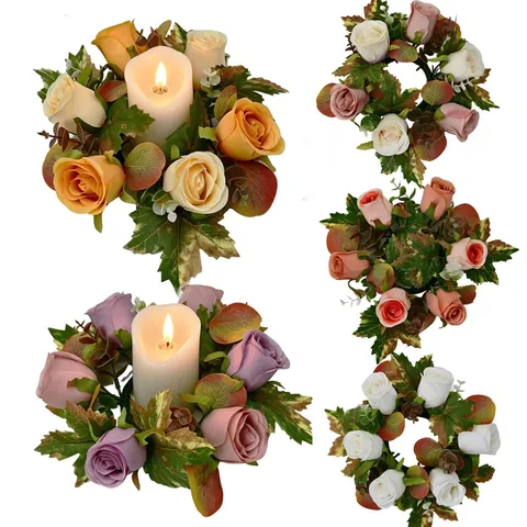 Corona di Portacandela di Rosa con Foglia d'Acero Autunnale Fiore Artificiale Decorazione per Tavola per Festa Natale Thanksgiving