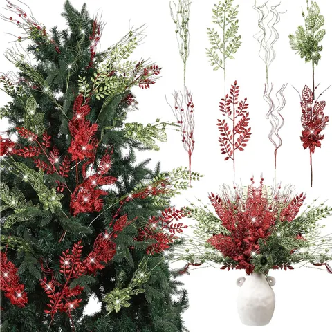 40 Pcs Christmas Glitter Picks Stems Set Berry Branches Sophora Leaves Dragon Beard Christmas Tree Decor For Home Party Festival Decoration