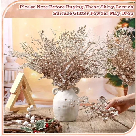 40 Pcs Christmas Glitter Picks Stems Set Berry Branches Sophora Leaves Dragon Beard Christmas Tree Decor For Home Party Festival Decoration