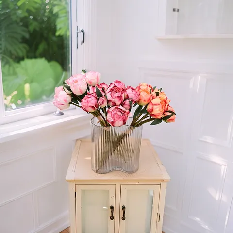 Artificial Peony Bouquet Plastic Fake Magnolia Buds Wedding Bridal Hand Tied Flowers Photography Props Home Decor