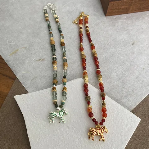 Boheems Retro Zebra Hanger Kralenketting Voor Vrouwen Koper Natuursteen Handgemaakte Sleutelbeentje Ketting Sieraden
