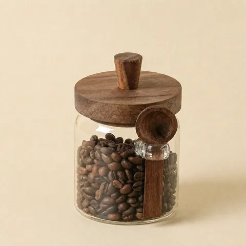 Bocal de Rangement Scellé en Verre Borosilicaté Avec Couvercle en Bois d'Acacia et Cuillère Cuisine Graines Noix Café
