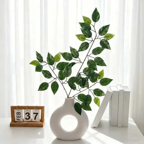 Nordic Artificial Banyan Leaf Branches Plastic Silk Fake Greenery Plant Sprays For Home Wedding Garden Outdoor Landscape Decoration
