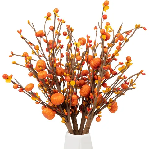 Artificial Pumpkin Berry Stems For Autumn Harvest Thanksgiving Halloween Decor Realistic Fall Pumpkin Branches For Home Vase Table Decoration