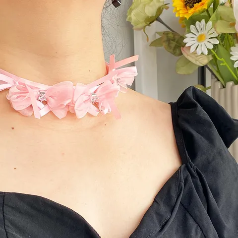 Handmade Satin Bowknot Zirconia Choker Necklace For Women Sweet Cool Organza Ribbon Bow Knot Pendant Clavicle Chain Jewelry Gift