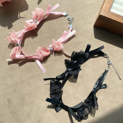 Handmade Satin Bowknot Zirconia Choker Necklace For Women Sweet Cool Organza Ribbon Bow Knot Pendant Clavicle Chain Jewelry Gift