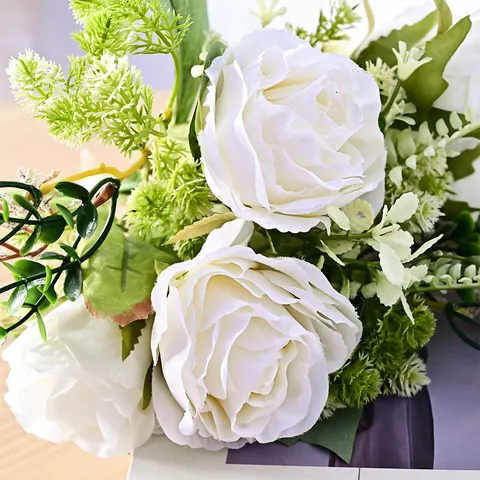 Blanc Artificiel Rose Mariage Bouquet Soie Eucalyptus Verdure