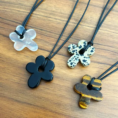 Korean Simple Hollow Flower Long Necklace For Women Natural Stone Titanium Steel Leather Cord Sweater Chain Aesthetic Accessory