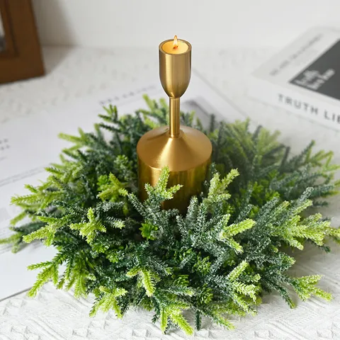 Frosted Pine Needle Christmas Wreath Artificial Greenery Candle Ring For Holiday Home Table Centerpiece Xmas Decor