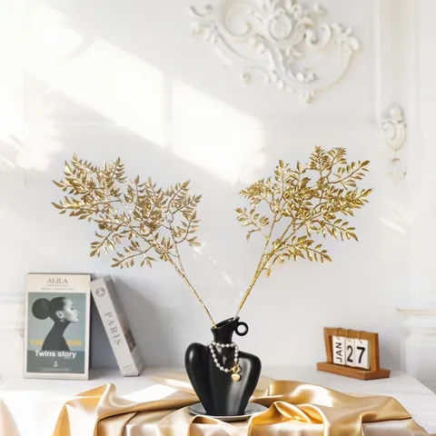 Luxury Artificial Sequin Bamboo Leaf Branch Three-Fork Glitter Decorative Spray For Home Wedding Christmas Party Photography Props