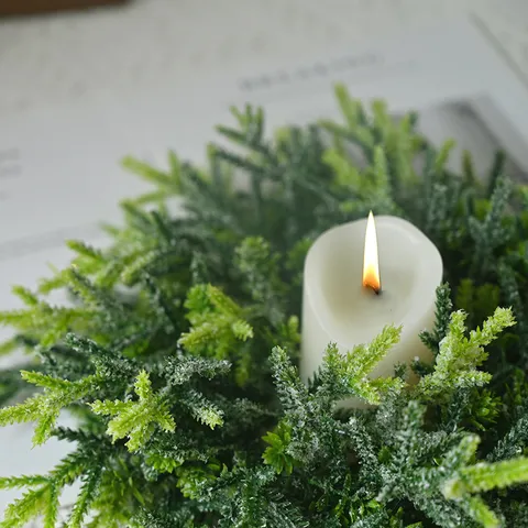 Frosted Pine Needle Christmas Wreath Artificial Greenery Candle Ring For Holiday Home Table Centerpiece Xmas Decor