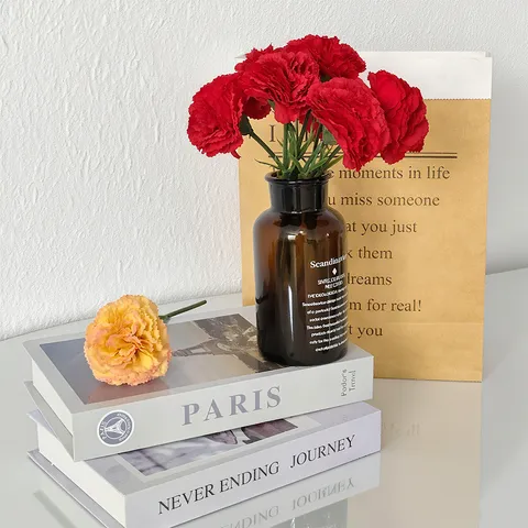 Artificial Carnation Silk Cloth Flowers With Glass Vase Nordic Home Decor Fake Flower Bouquet For Wedding Party Gift