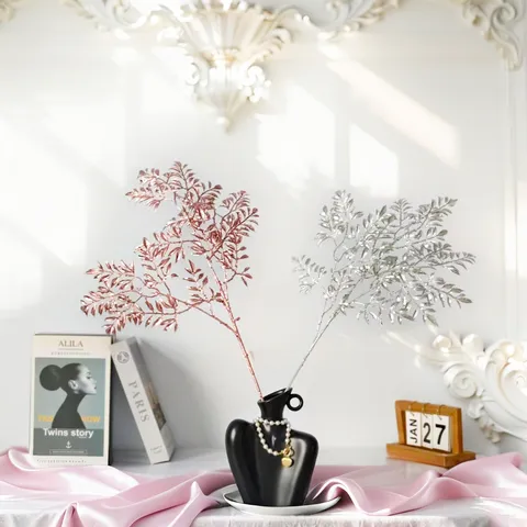 Luxury Artificial Sequin Bamboo Leaf Branch Three-Fork Glitter Decorative Spray For Home Wedding Christmas Party Photography Props