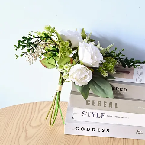 Blanc Artificiel Rose Mariage Bouquet Soie Eucalyptus Verdure