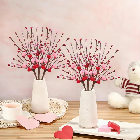 Set di Rami di Cuore Artificiale di San Valentino in Plastica Schiuma Steli di Frutta Rosa per Decorazione di Matrimoni