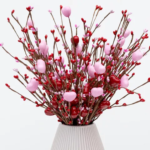 Artificial Heart Shaped Berry Stems Plastic Flower Branches For Valentines Day Wedding Home Vase Decor Red Pink Romantic Table Arrangement