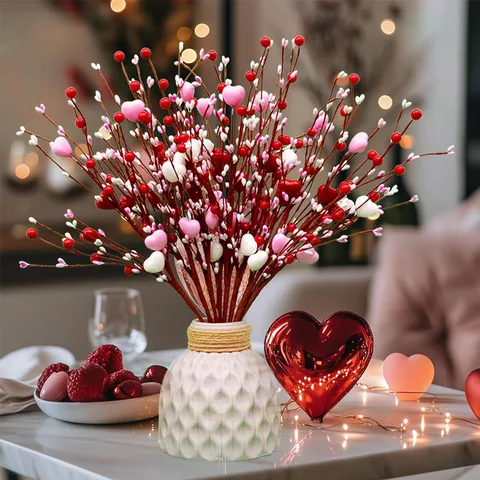 Artificial Heart Shaped Berry Stems Plastic Flower Branches For Valentines Day Wedding Home Vase Decor Red Pink Romantic Table Arrangement