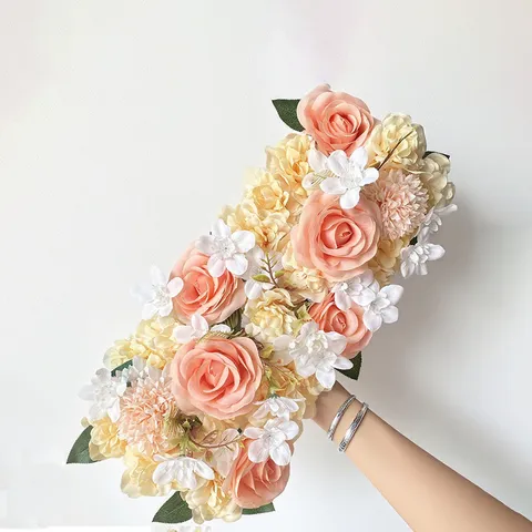 Mariage Rangée de Fleurs Artificielles en Soie Rose Hortensia Eucalyptus Arrangement pour Guide de Route T-Stage Fête Événement Décoration de Maison