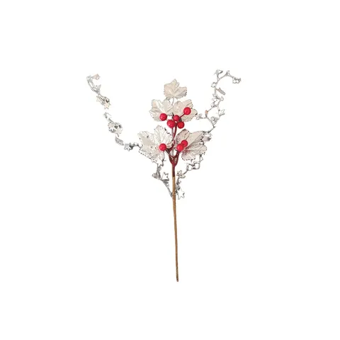 Christmas DIY Silver Star Decoration Stem Artificial Silver Maple Leaf And Red Berries Festive Ornament Home Party Floral Stem