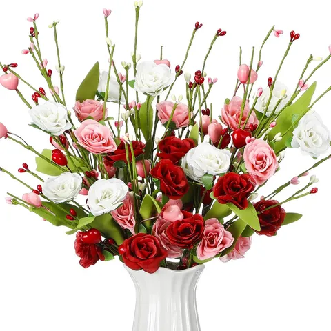 Piques Artificielles en Plastique avec Rose et Coeur de la Saint-Valentin Tige Florale de la Fête des Mères pour Décor de Table Maison Rose Romantique Simulation Fleur