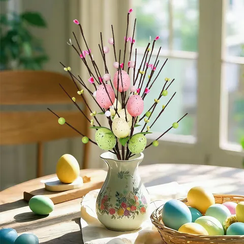 Plastic Artificial Easter Egg Berry Stem Decorations Multi-color Speckled Foam Egg Floral Picks For Home Holiday Party Decor