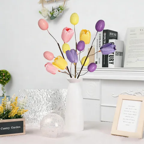 Easter Tulip Spotted Egg Cuttings Artificial Branch Ornament For Home Living Room Party Festive Decor Floral Arrangement