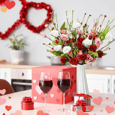 Piques Artificielles en Plastique avec Rose et Coeur de la Saint-Valentin Tige Florale de la Fête des Mères pour Décor de Table Maison Rose Romantique Simulation Fleur