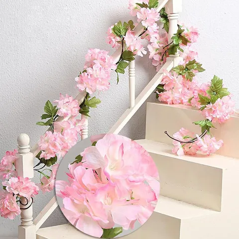 Vigne de Fleur de Cerisier Artificielle Satin Plastique Guirlande Feuilles Vertes pour Mariage Maison Salon Décoration Plafond