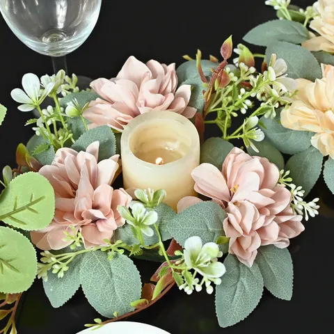Artificial Dahlia Candle Ring Wreath Simulation Flower Wreath For Wedding Table Decoration Home Party Photography Props Floral Arrangement