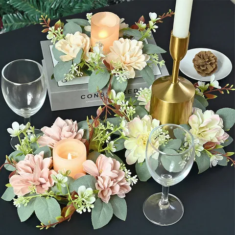 Artificial Dahlia Candle Ring Wreath Simulation Flower Wreath For Wedding Table Decoration Home Party Photography Props Floral Arrangement