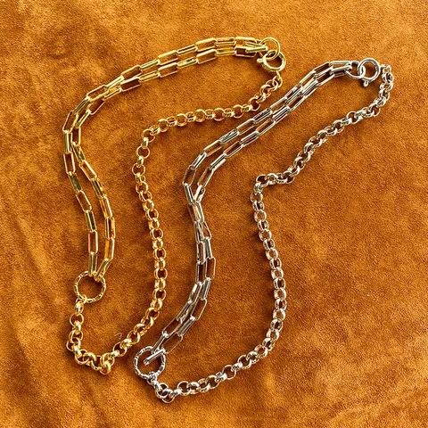 Retro Niche Design Mismatched Chain Necklace For Women Brass Gold Silver Plated Paperclip Rolo Chain Clavicle Necklace Fashion Jewelry
