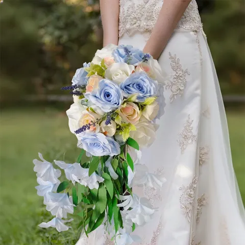 Künstliche Wasserfall Hochzeit Brautstrauß Romantische Seidenrose Blumen Mit Lavendel Grün Für Braut Fotografie Requisiten Dekoration