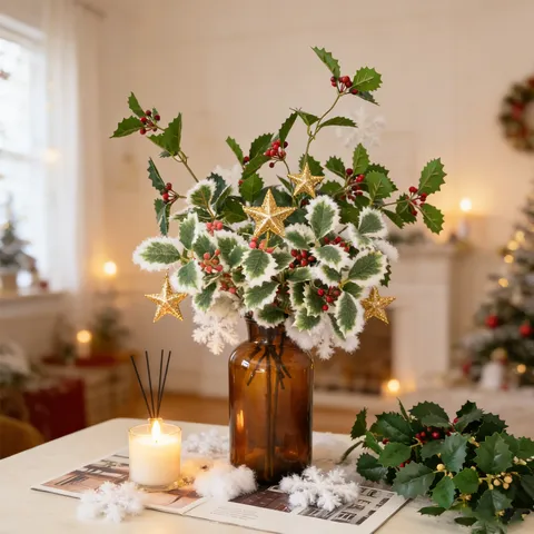 Christmas Artificial Berry Holly Leaves Picks Red Berries Greenery Stems For Christmas Tree Decor Home Table DIY Party Flower Bouquet Ornaments