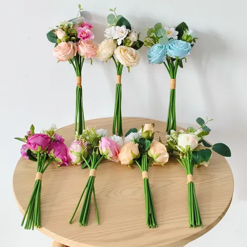 Artificial Rose Camellia Flower Bouquet Silk Hand Tied Faux Rose Arrangement For Living Room Home Table Decor Wedding Bridal Bouquet