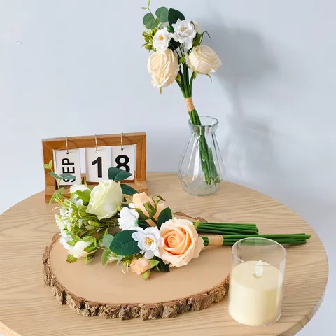 Artificial Rose Camellia Flower Bouquet Silk Hand Tied Faux Rose Arrangement For Living Room Home Table Decor Wedding Bridal Bouquet