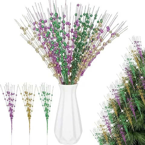 Picos de Bayas con Purpurina Mardi Gras Decoración de Árbol de Navidad Tallos Artificiales para Mesa de Fiesta Oro Verde Púrpura Hogar
