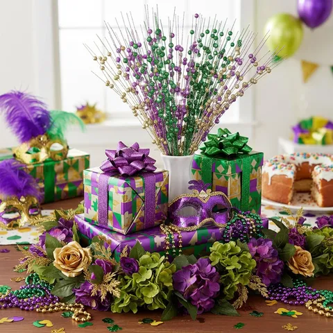 Picos de Bayas con Purpurina Mardi Gras Decoración de Árbol de Navidad Tallos Artificiales para Mesa de Fiesta Oro Verde Púrpura Hogar