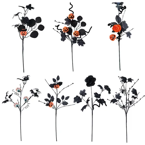 Halloween Künstliche Schwarze Ahornblatt Kürbis Rose Spinne Zweige Gruselige Party Horror Heimdekoration Simulationspflanzen