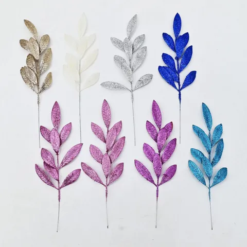 Glitter Artificial Leaves 9-Leaf Branch Christmas Tree Decoration DIY Craft Photography Props Festive Plant Stem