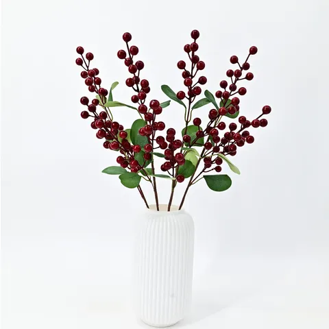 Artificial Red Berries Stem Faux Fortune Fruit Branch With Green Leaves For Home Christmas Wedding Table Vase Decoration