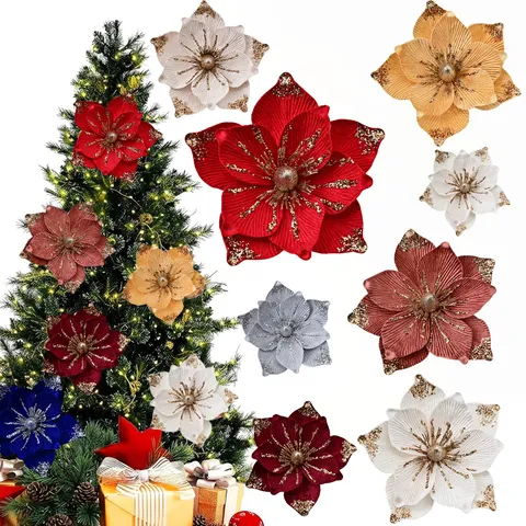 Fiore Di Natale Magnolia Artificiale Glitter Paillettes Tessuto Decorazione Festa Casa