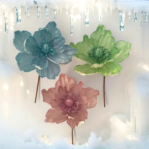 Fiore Artificiale di Natalizio Glitter Magnolia Stelo Singolo Decorazione per la Casa DIY Festa Festival Composizione Floreale