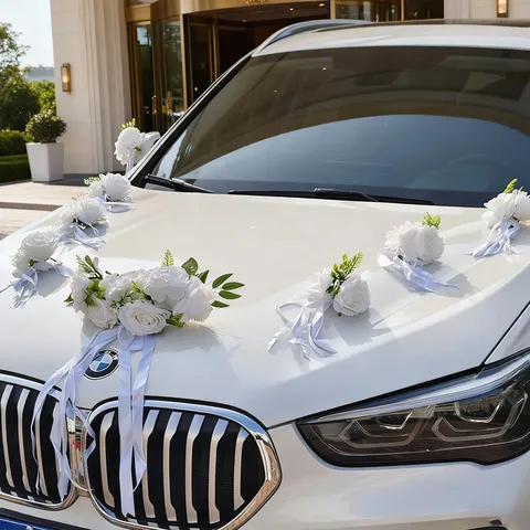Juego de Decoración de Coche de Boda de Rosa de Simulación Con Cintas de Seda Arreglo Floral Artificial para Ceremonia