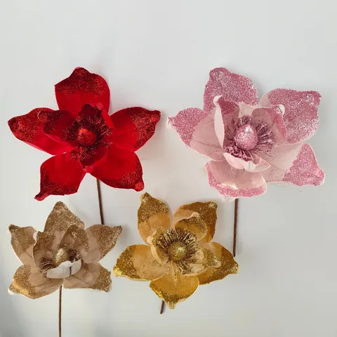 Fiore di Magnolia Artificiale Gambo Glitterato Fiore di Simulazione per Albero di Natale Ghirlanda Casa Matrimonio Festa Decorazione