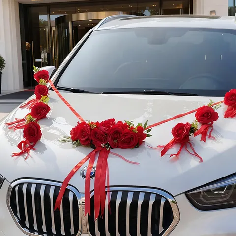 Juego de Decoración de Coche de Boda de Rosa de Simulación Con Cintas de Seda Arreglo Floral Artificial para Ceremonia