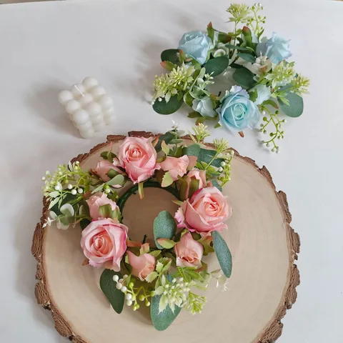 Guirlanda Candelabro de Rosas Artificiales Anillo Floral de Seda Eucalipto para Centro de Mesa de Boda Decoración Romántica Hogar