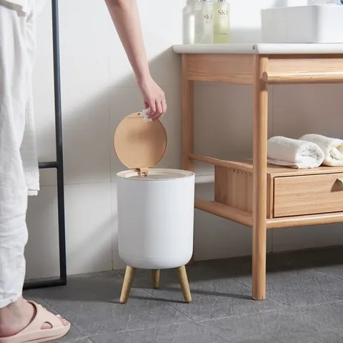Japanese Style Round Trash Can With Press Lid And Detachable Wood Legs Minimalist High Leg Garbage Bin For Home Kitchen Bathroom White